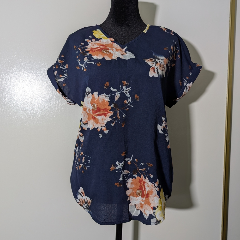 Navy Floral Women's Blouse V Neck Flower Blue Work Casual